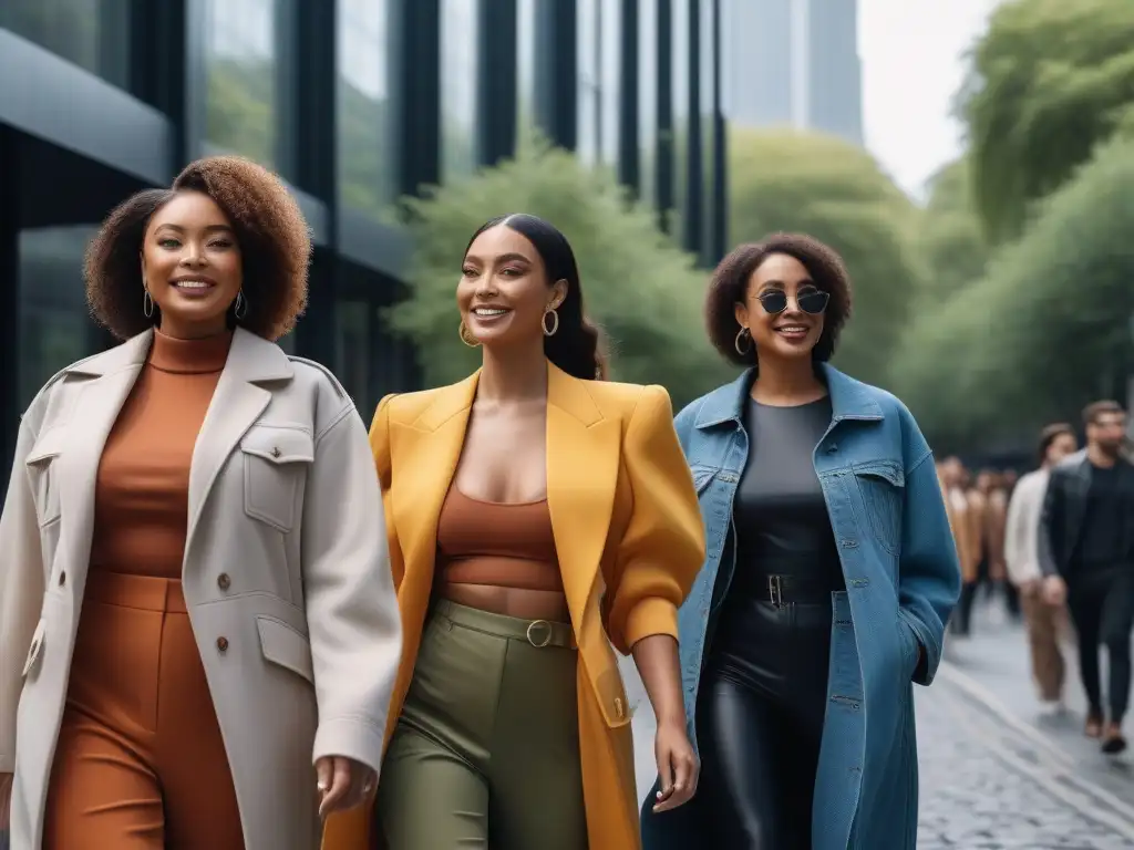Moda sostenible: diversidad y empoderamiento en la ciudad Una vibrante escena urbana con un grupo diverso vistiendo moda ecoconsciente y exhibiendo diversidad corporal