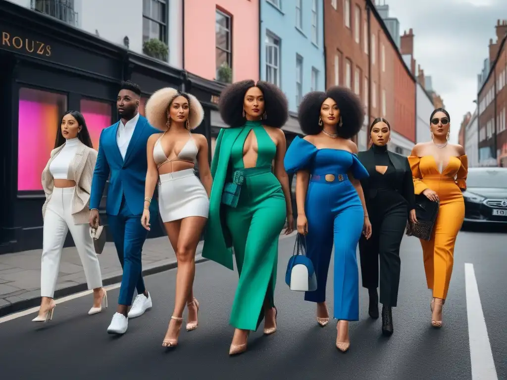 Influencers de moda: diversidad y estilo en la ciudad futurista Una vibrante escena urbana con influencers de moda de diferentes etnias y estilos, simbolizando la inclusión en la moda de nicho