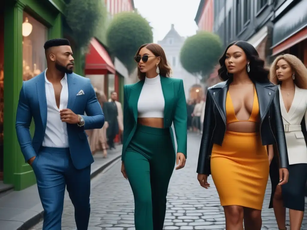 Grupo diverso empoderado camina con estilo por la ciudad Una vibrante escena urbana con moda inclusiva para todos los cuerpos, colores y estilos, reflejando empoderamiento y diversidad