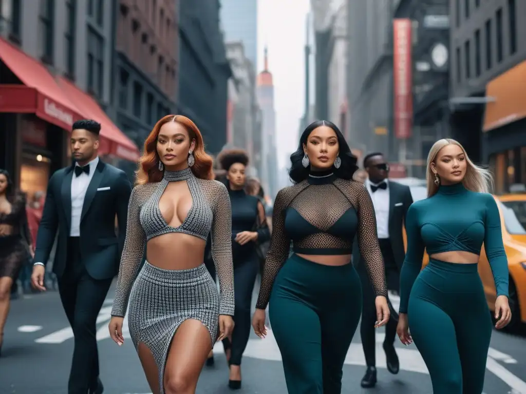 Desfile de moda inclusiva en NYC: diversidad de estilos y cuerpos Una vibrante escena urbana en Nueva York con modelos diversos y elegantes luciendo atuendos de tiendas de ropa inclusivas