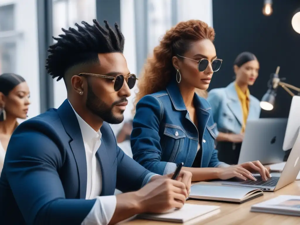 Creadores de moda colaborando en espacio coworking trendy Un vibrante espacio colaborativo de creadores de moda trabajando juntos