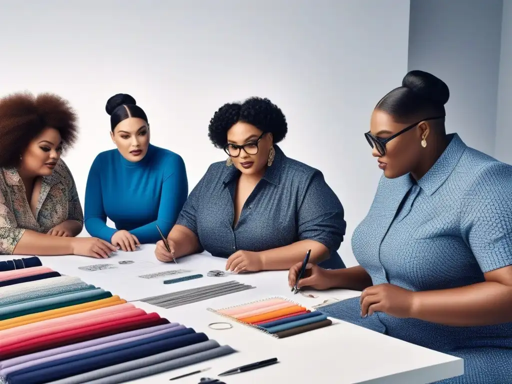 Diseñadores de moda plus size: colaboración y diversidad Un vibrante estudio de moda con diseñadores de moda inclusiva de cuerpos diversos charlando animadamente entre bocetos y herramientas de costura