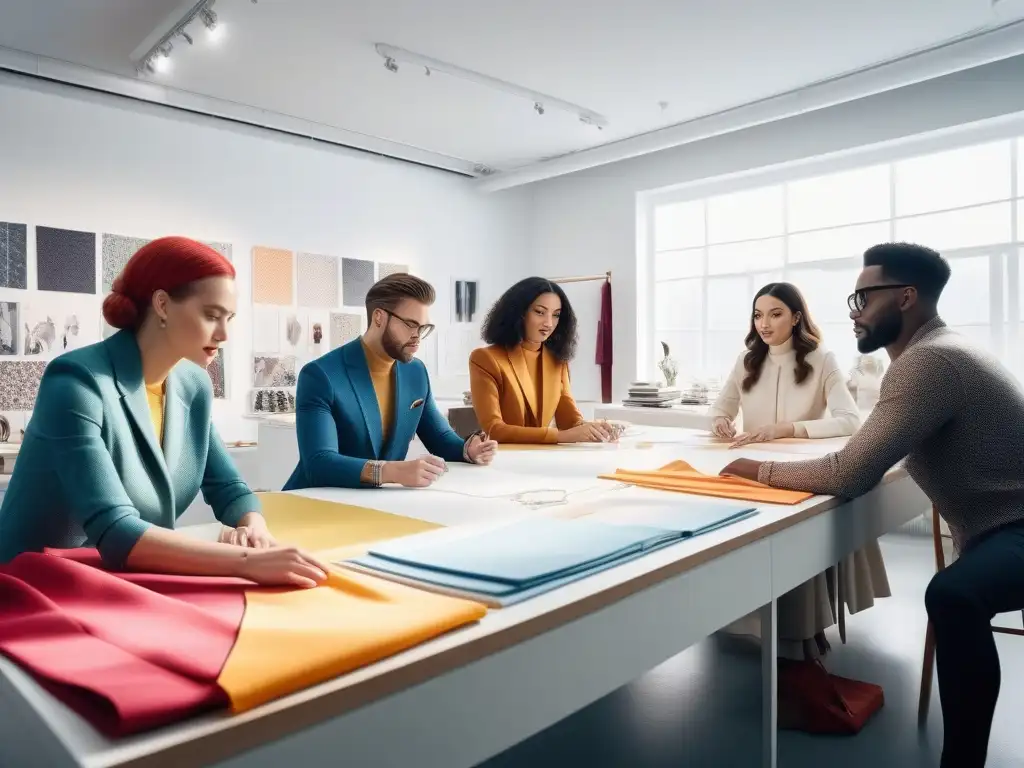 Diseñadores de moda creativos en estudio luminoso Un vibrante estudio de moda donde diseñadores colaboran en piezas únicas