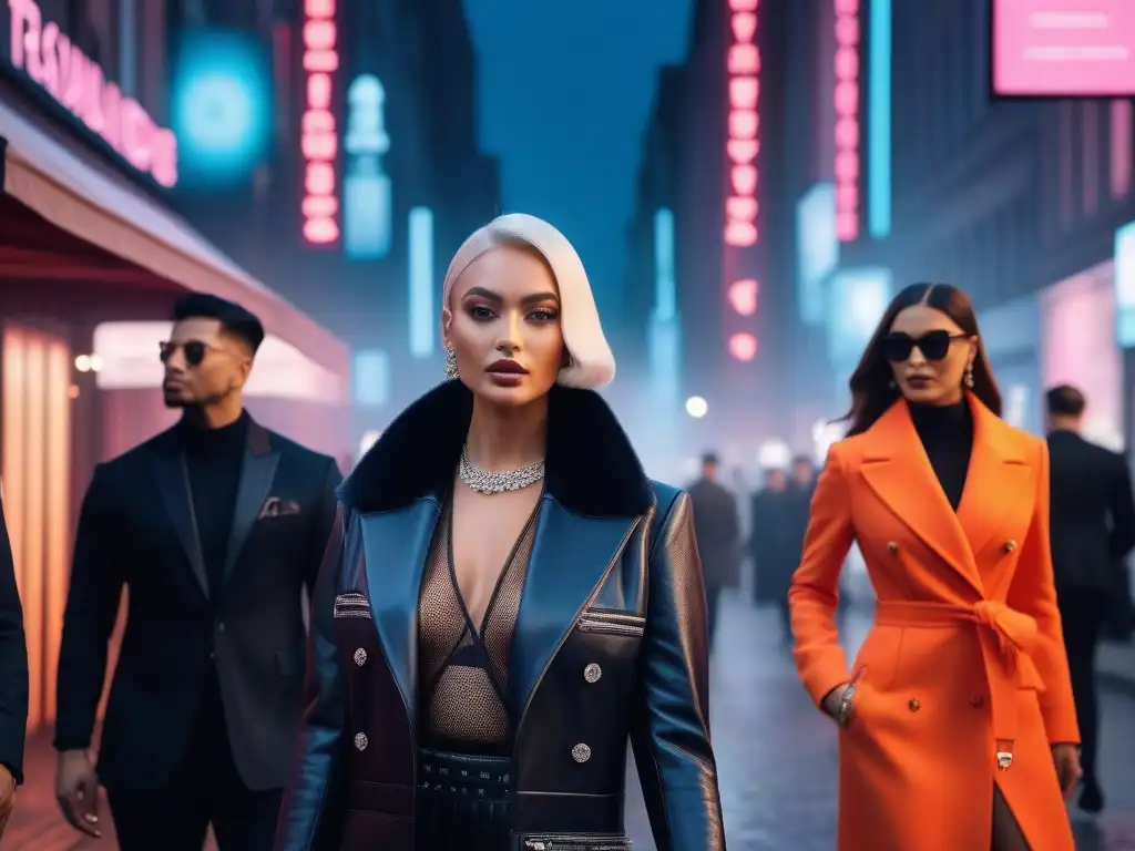 Influencers de moda en evento urbano: estilos trendy en alta resolución Un vibrante evento de moda con influencers y bloggers, mostrando estilos desde clásicos a vanguardistas en una ciudad luminosa