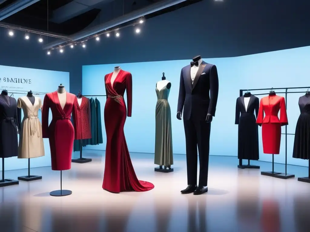 Exhibición de seda de lujo: vibrante elegancia moderna Una vibrante exhibición de seda en moda, con elegantes prendas de seda en maniquíes modernos bajo suave iluminación etérea