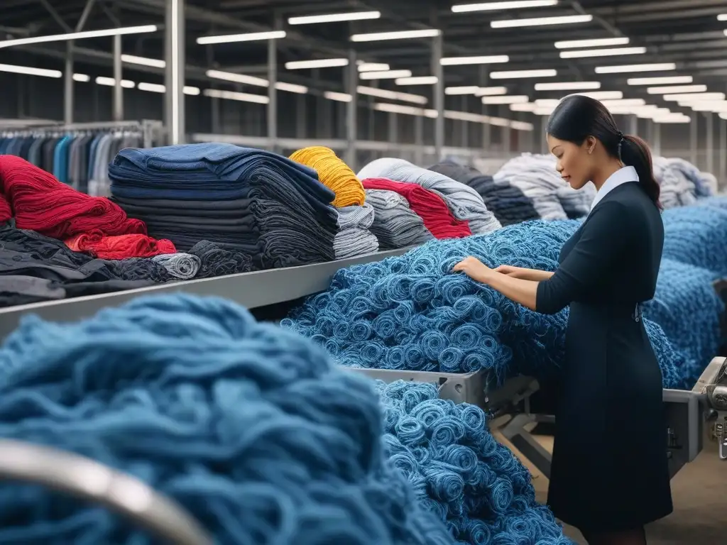 Centro textil reciclaje: obreros transformando moda sostenible Vibrante fábrica de reciclaje textil con trabajadores y maquinaria, mostrando la moda sostenible materiales reciclados en acción
