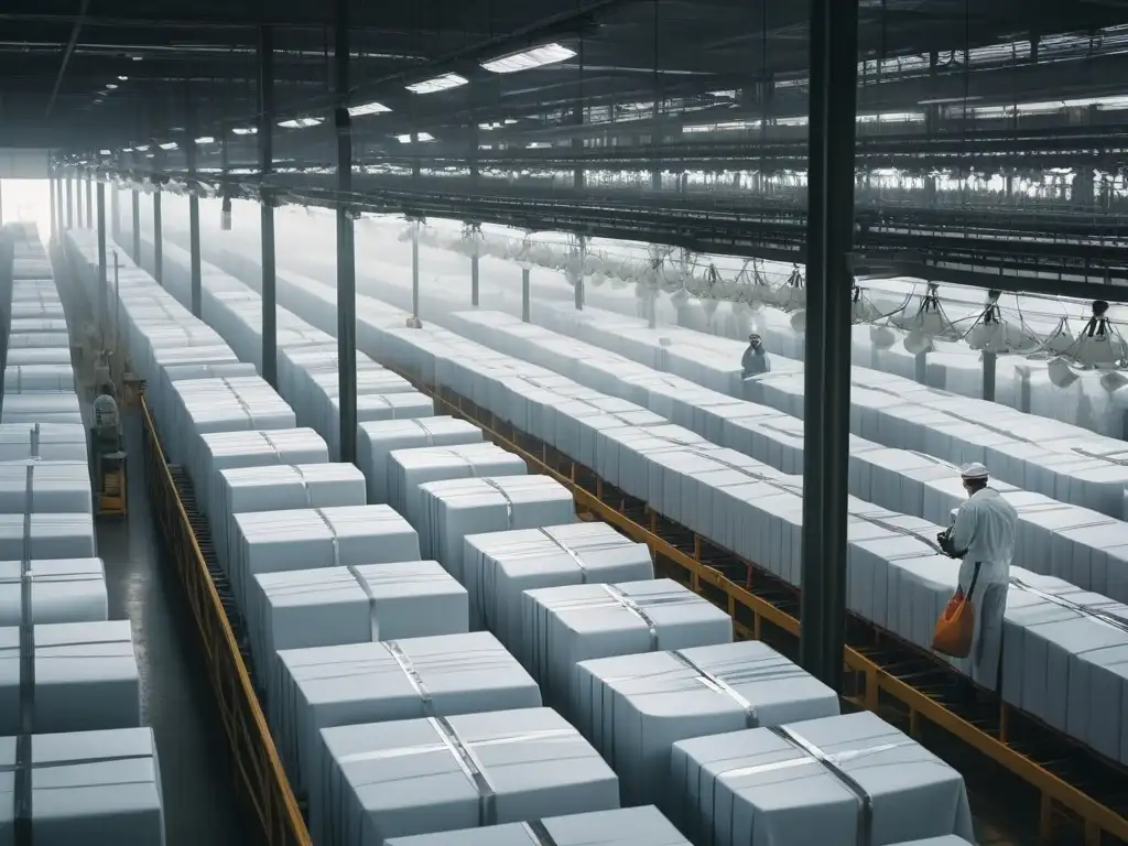 Fábrica textil eco-friendly: tecnología y diseño sostenible Vibrante fábrica textil eco-sostenible con maquinaria avanzada y trabajadores en uniformes chic, destacando normativas sostenibilidad moda ropa