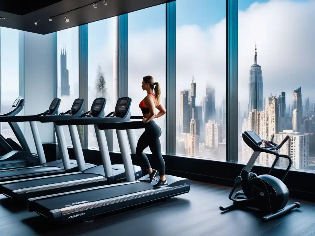 Gimnasio de lujo con vista panorámica y equipos de última generación Vibrante gimnasio de lujo con equipamiento fitness de lujo para recuperación post-entrenamiento, rodeado de una ciudad moderna