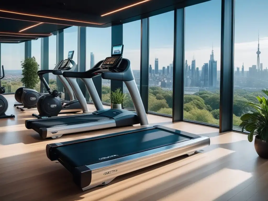 Gimnasio de lujo con vista panorámica e instalaciones modernas y elegantes Vibrante gimnasio de lujo con equipamiento de última generación y vistas a la ciudad