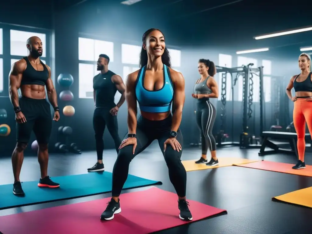 Diversidad y energía: clase de fitness inclusiva y vibrante Un vibrante gimnasio donde personas de diferentes cuerpos y etnias disfrutan de una clase grupal inclusiva y diversa