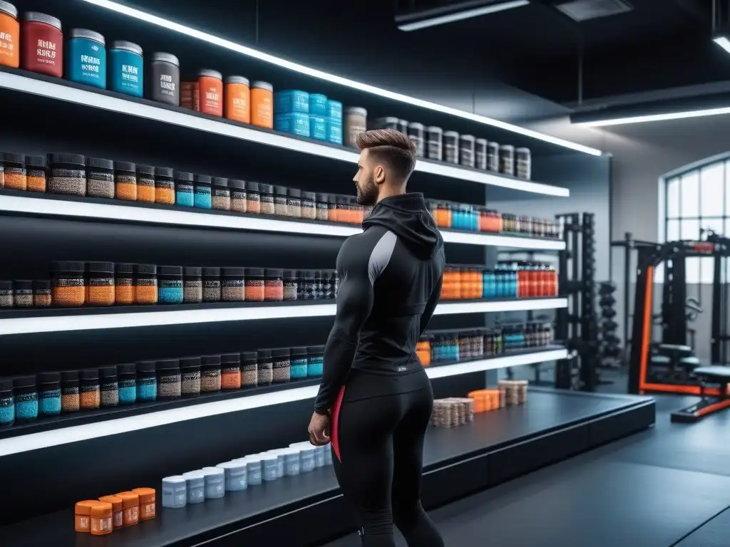 Suplementos de recuperación de alta calidad en gimnasio moderno Vibrante gimnasio con suplementos para recuperación muscular de alta calidad en elegantes estantes, ambiente motivador