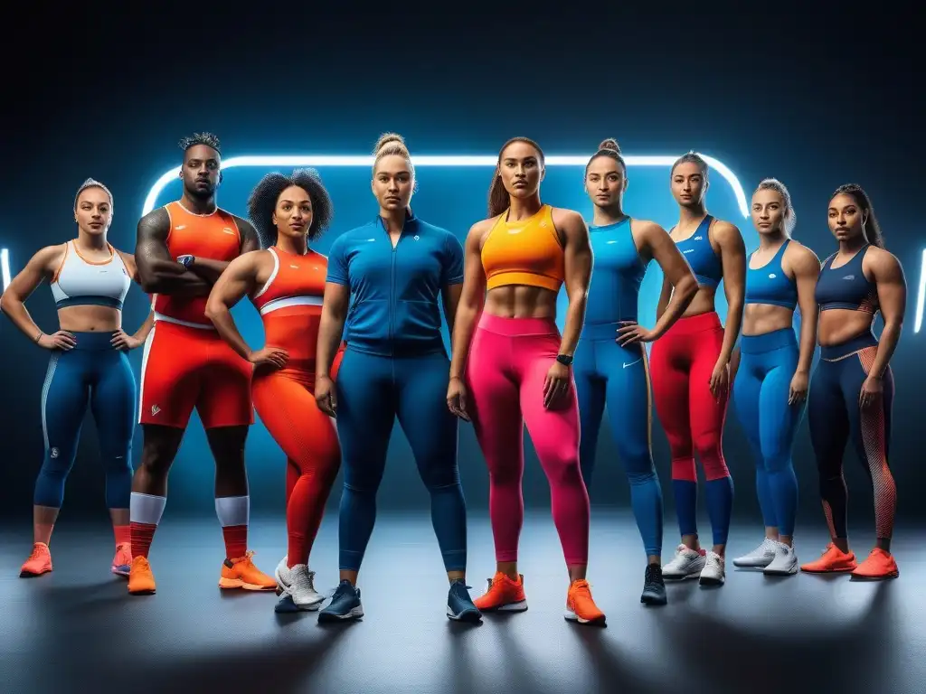 Inspiración deportiva: atletas diversos en poses dinámicas Un vibrante grupo de atletas diversos en ropa deportiva inclusiva celebra la inclusividad en un escenario deportivo futurista