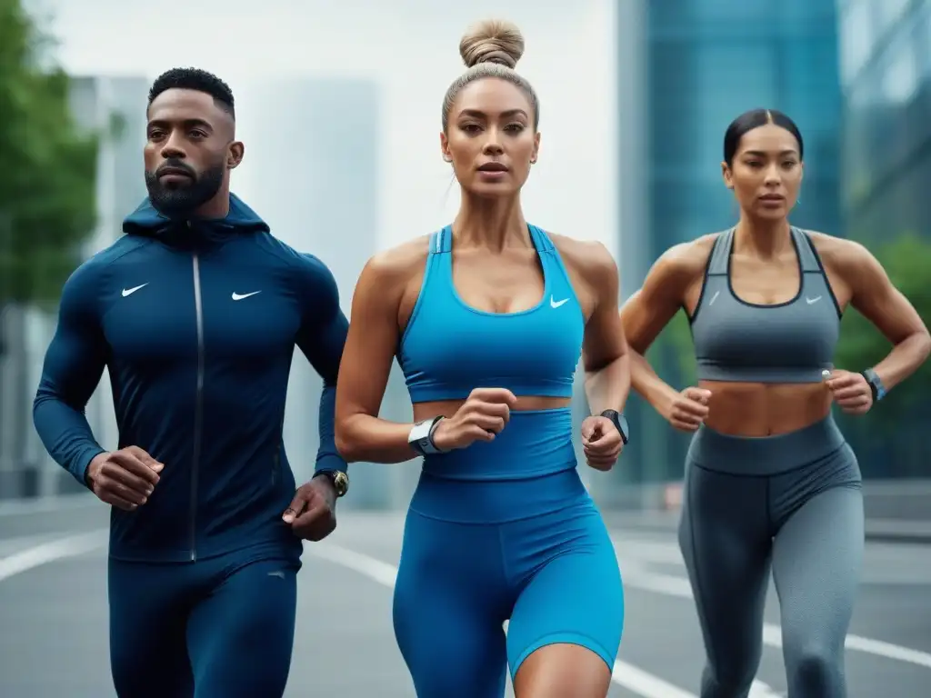 Fitness inclusivo con wearables de moda en la ciudad Un vibrante grupo diverso disfruta de actividades fitness con wearables en un entorno urbano moderno, transmitiendo inclusión y empoderamiento