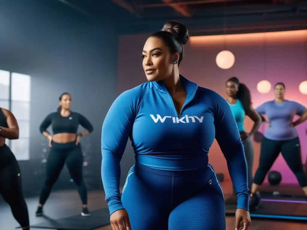 Ropa fitness de diseño para cuerpos curvy en acción Un vibrante grupo en un estudio fitness muestra wearables fitness para tallas especiales durante una sesión de entrenamiento dinámica y empoderadora