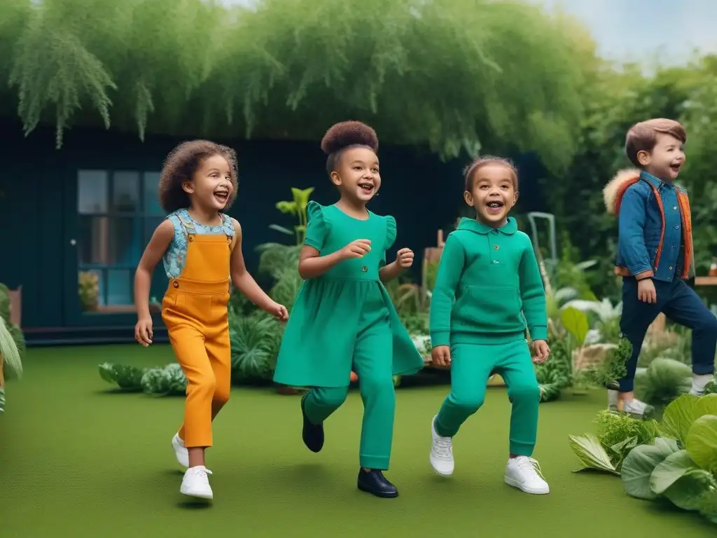 Niños felices en parque ecofriendly con moda vegana Un vibrante grupo de niños felices juega en un parque ecológico con ropa vegana de marcas infantiles éticas y sostenibles