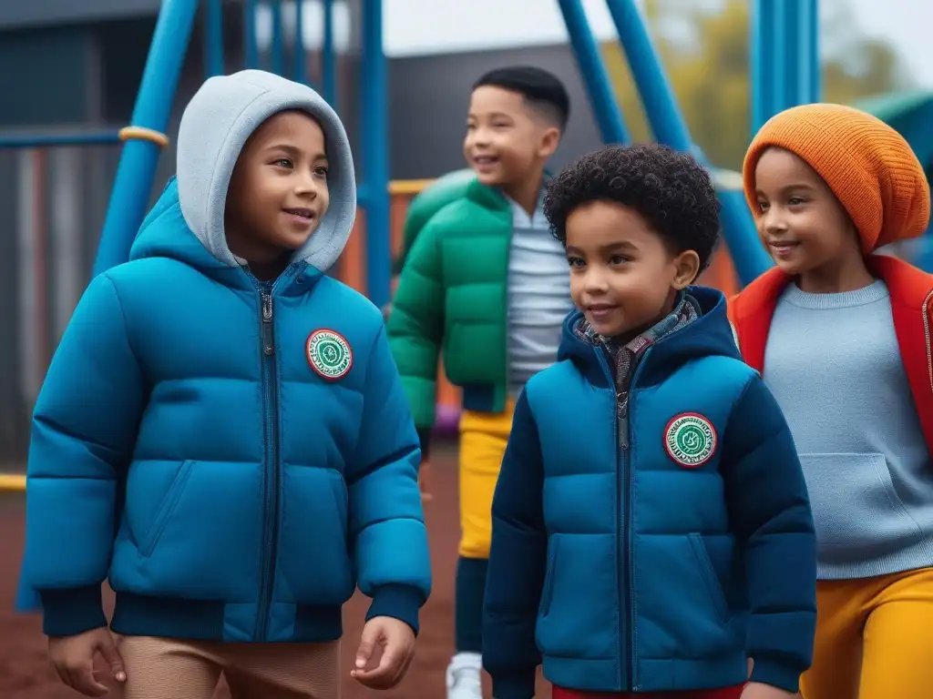 Niños felices y modernos jugando juntos en un parque inclusivo del 2023 Un vibrante grupo de niños jugando felices en un parque, vistiendo marcas de ropa infantil inclusiva 2023