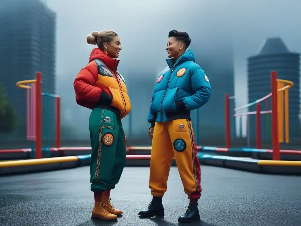 Niños felices rompiendo estereotipos: moda unisex en el parque moderno Un vibrante grupo de niños juega en un parque moderno con ropa infantil unisex inclusiva, rompiendo estereotipos de género desde pequeños