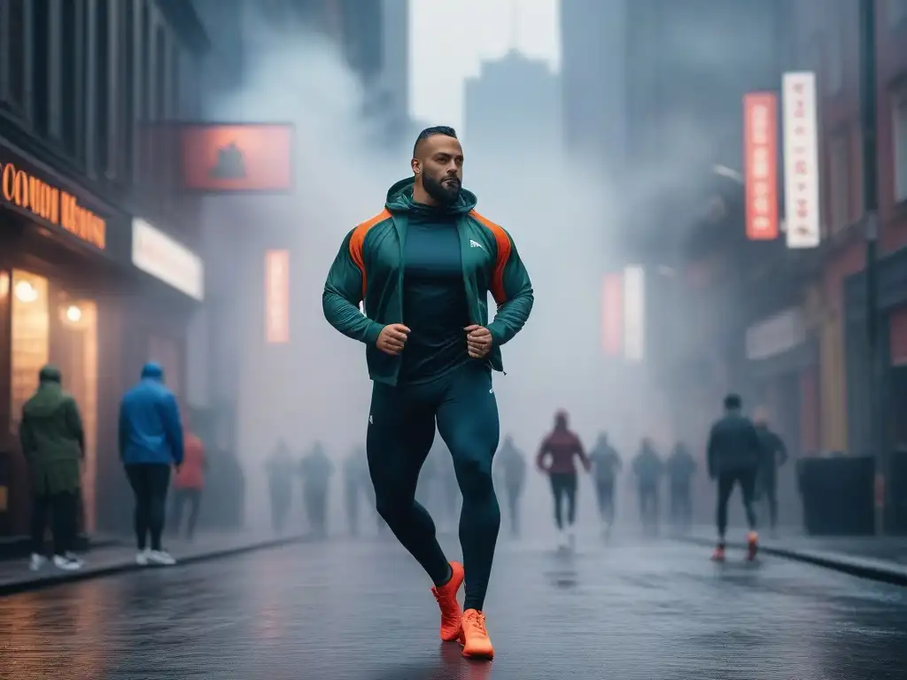 Ropa adaptable futurista en ciudad para yoga, running y baile Un vibrante grupo urbano disfruta de diferentes actividades en tejidos adaptativos para todos cuerpos