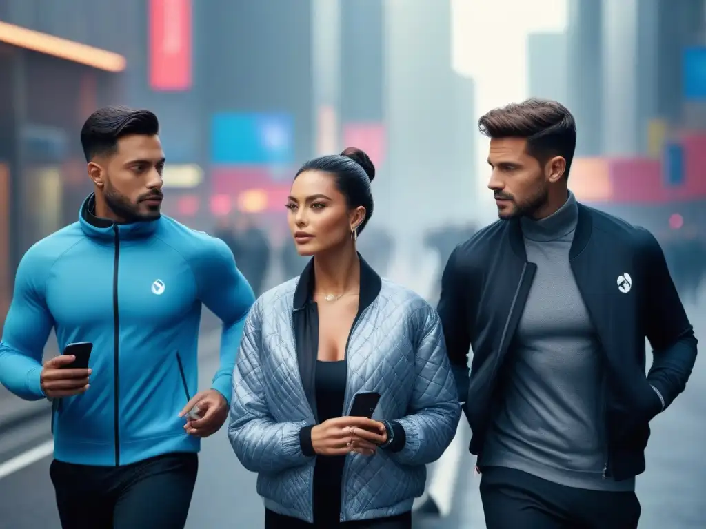 Moda urbana tecnológica: diversidad y estilo en la ciudad Un vibrante grupo urbano usa wearables premium con estilo y confianza en la moda inclusiva