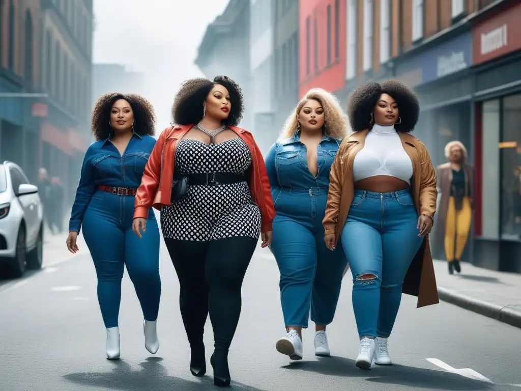 Moda plussize: estilo y diversidad en la ciudad Una vibrante imagen de moda plus size redefiniendo autoestima, con personas seguras y elegantes luciendo outfits a la moda en la ciudad