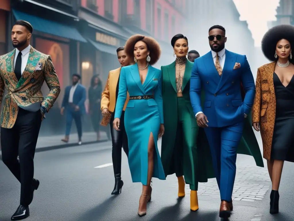 Desfile de moda: iconos diversos con estilo único Una vibrante imagen de moda inclusiva con íconos de estilo de diversas culturas y estilos, caminando con confianza por la ciudad