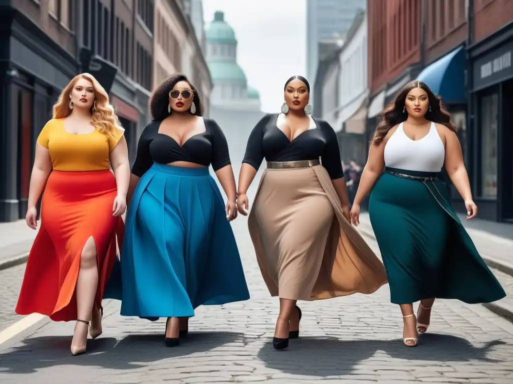 Desfile de moda plussize: diversidad y empoderamiento en la ciudad Una vibrante imagen de modelos pluz size luciendo faldas, fusionando moda y empoderamiento en la ciudad