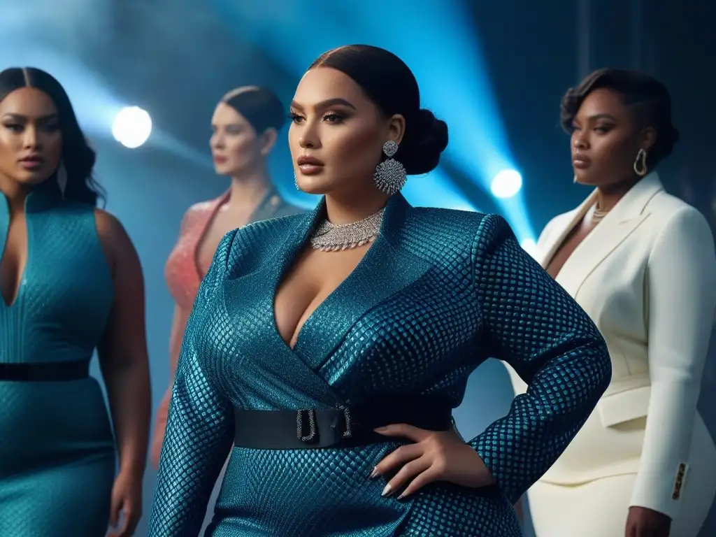 Desfile moda 2023: Plussize empoderamiento y estilo vibrante Una vibrante imagen en 8k de modelos plus size seguras luciendo las tendencias moda plus size 2023 con estilo y empoderamiento