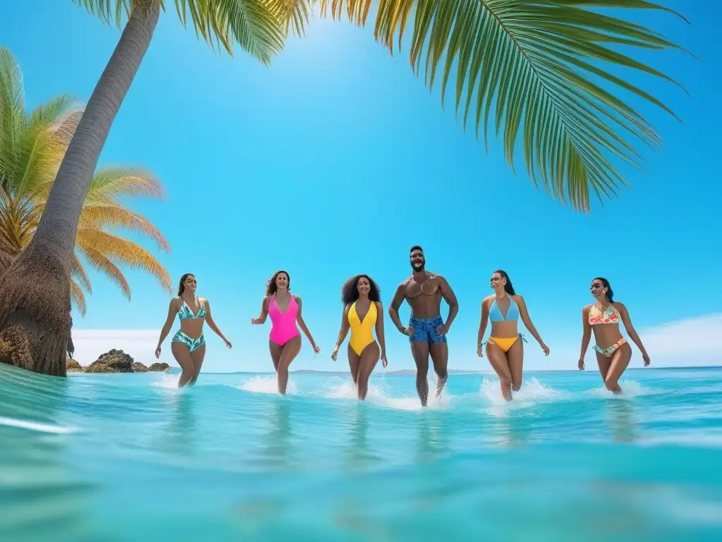 Diversión eco-friendly: grupo variado disfruta del mar en trajes de baño sostenibles Un vibrante y inclusivo verano en la playa: personas de diversas tallas y etnias disfrutan felices en el mar con bañadores sostenibles