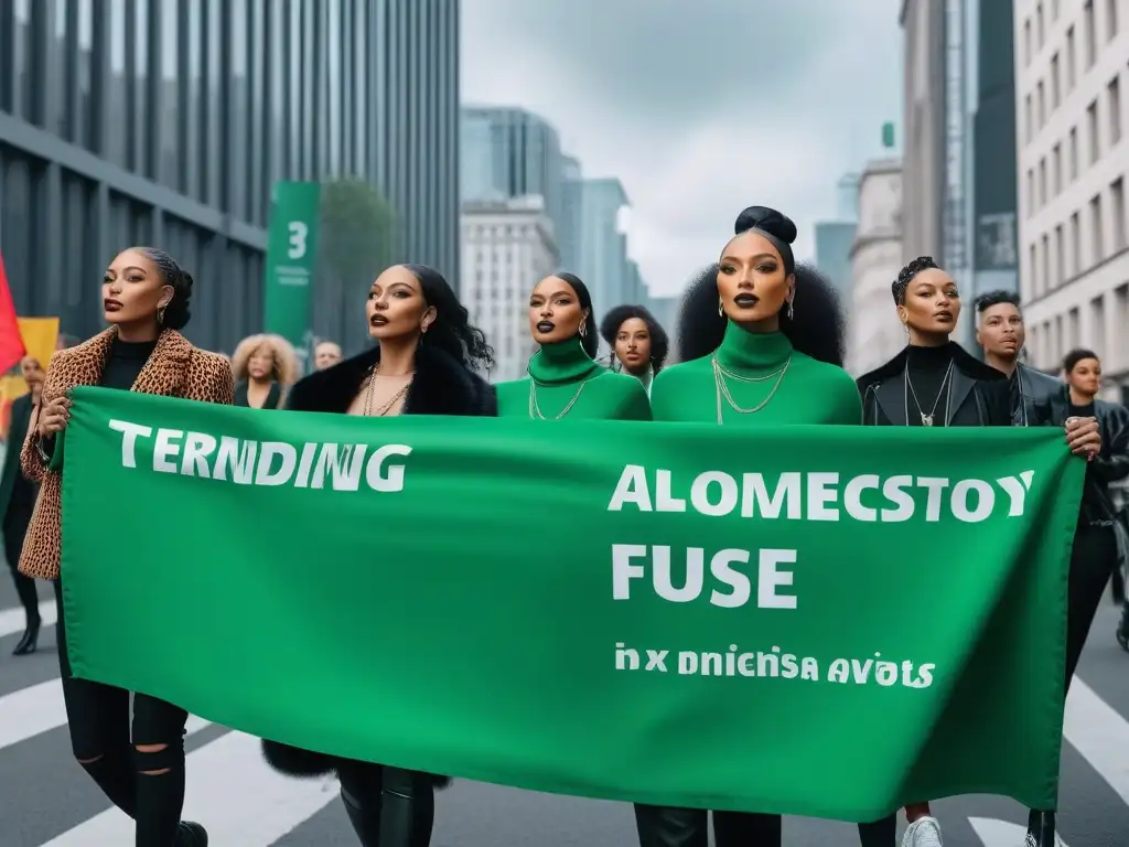 Desfile de moda sostenible: activistas urbanos unidos Una vibrante marcha de activistas de moda sostenible diversa, con lemas empoderadores en la ciudad