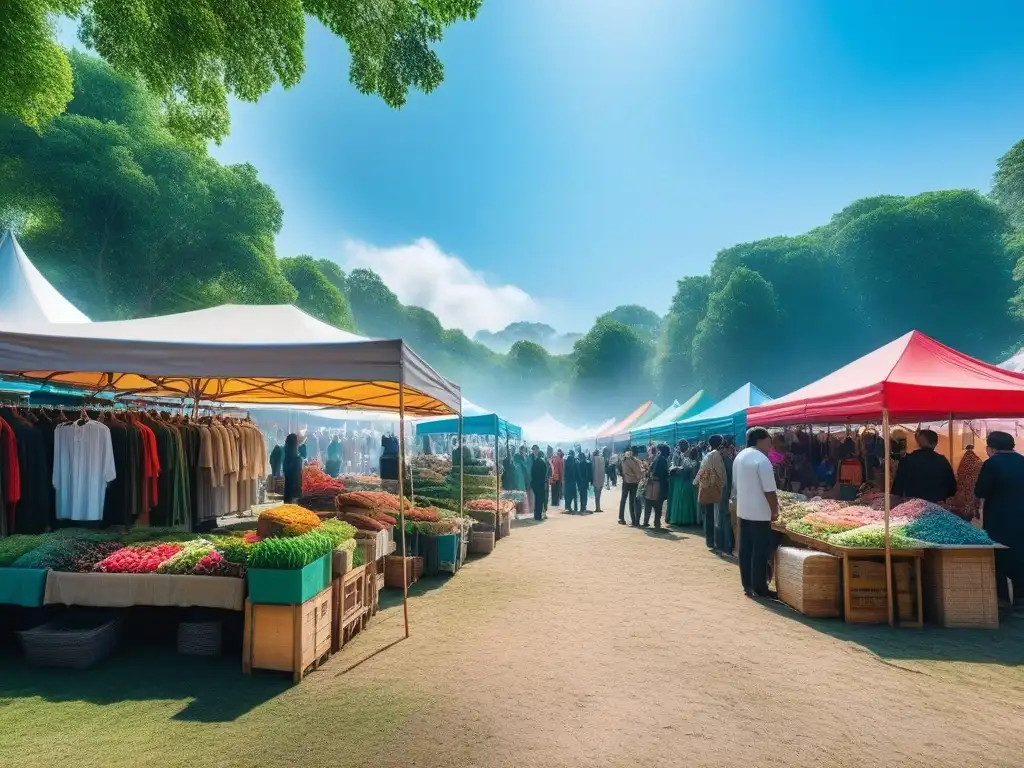 Mercado local sostenible: moda ecofriendly en paisaje natural Un vibrante mercado local lleno de puestos de moda sostenible en comunidad, rodeado de naturaleza exuberante y cielos azules claros