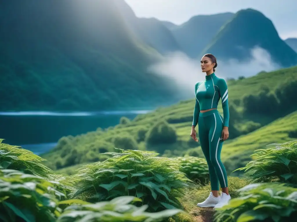 Moda sostenible futurista en armonía con la naturaleza Vibrante moda activa sostenible en maniquíes, entre área verde y paneles solares