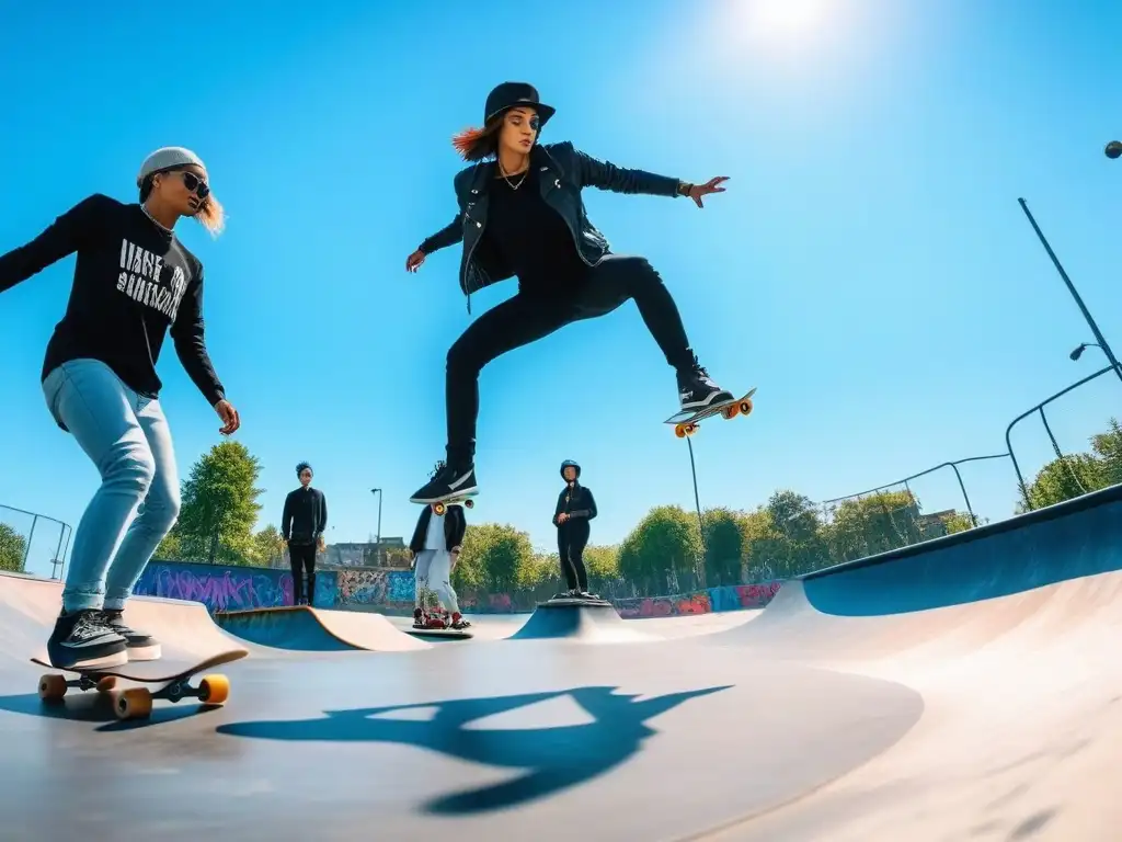 Skatepark diverso: unión y diversidad en acción El vibrante mundo del skate: diversidad de edades, géneros y habilidades se unen en un ambiente inclusivo