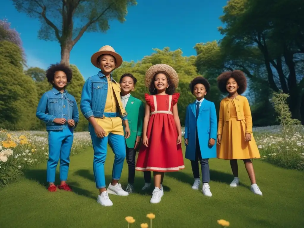 Niños felices aprendiendo sostenibilidad en el jardín Un jardín vibrante donde niños felices y diversos aprenden sobre sostenibilidad con moda inclusiva