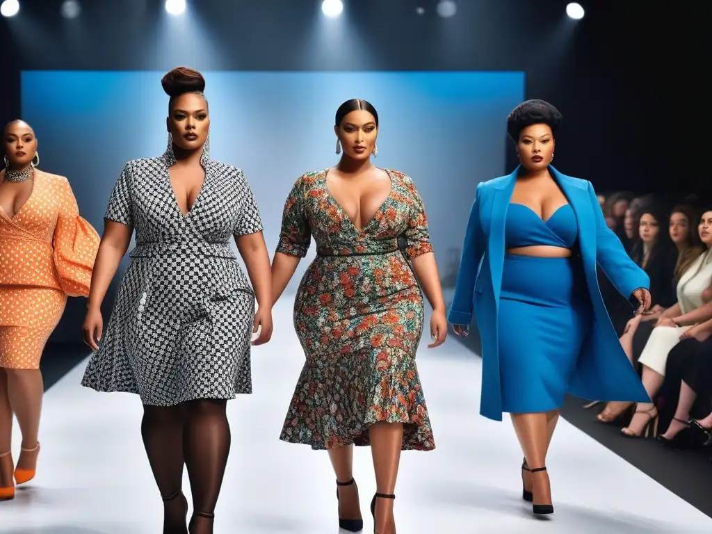 Desfile de moda plussize: empoderamiento y estilo en pasarela Una vibrante pasarela de moda plus size redefiniendo belleza con modelos seguras y elegantes, destacando individualidad y estilo