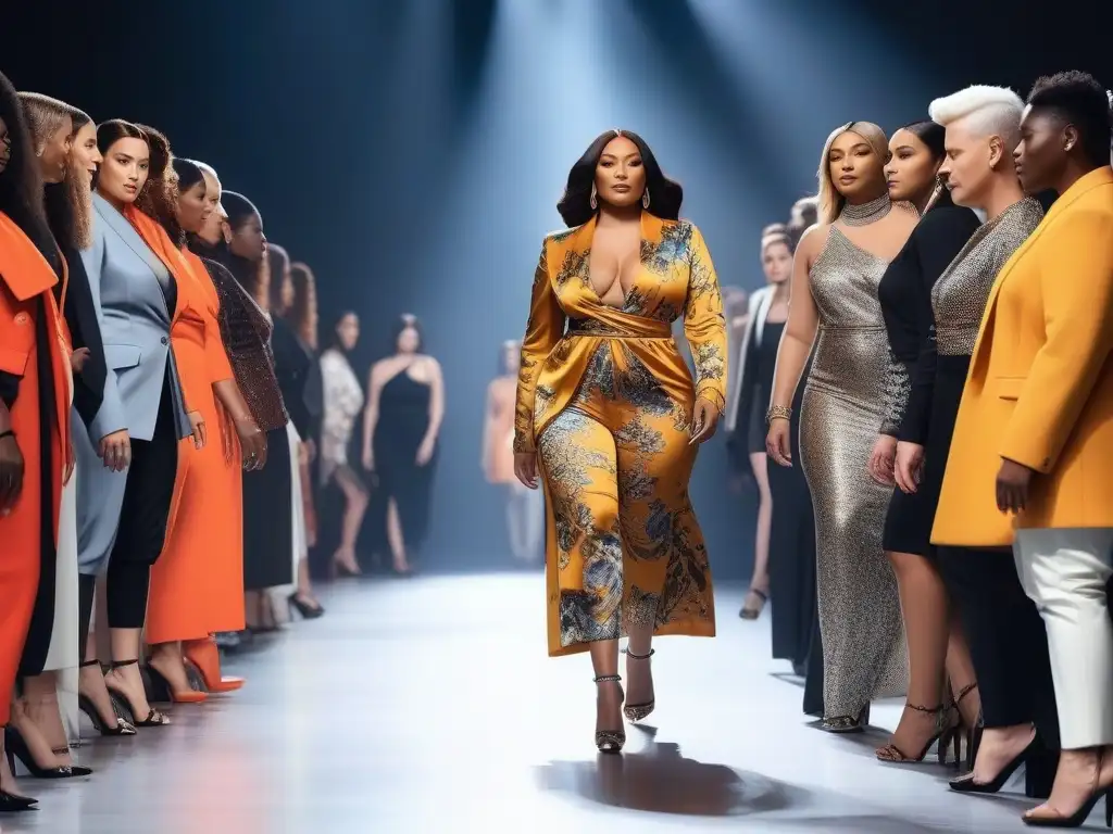 Diversidad y empoderamiento en la pasarela: moda inclusiva para todos Una vibrante pasarela de moda inclusiva para todos los cuerpos, reflejando diversidad y empoderamiento