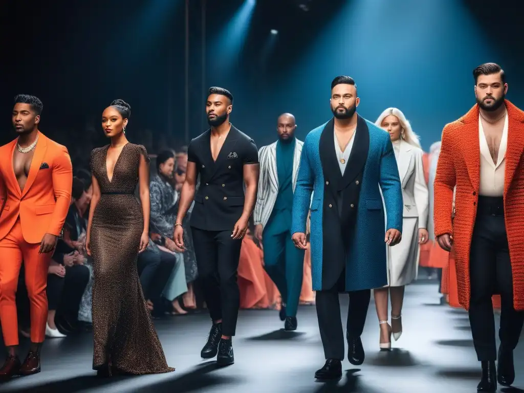 Fashion show inclusivo: hombres diversos desfilan con estilo Una vibrante pasarela de moda masculina inclusiva en eventos, inspirando con diversidad y estilo