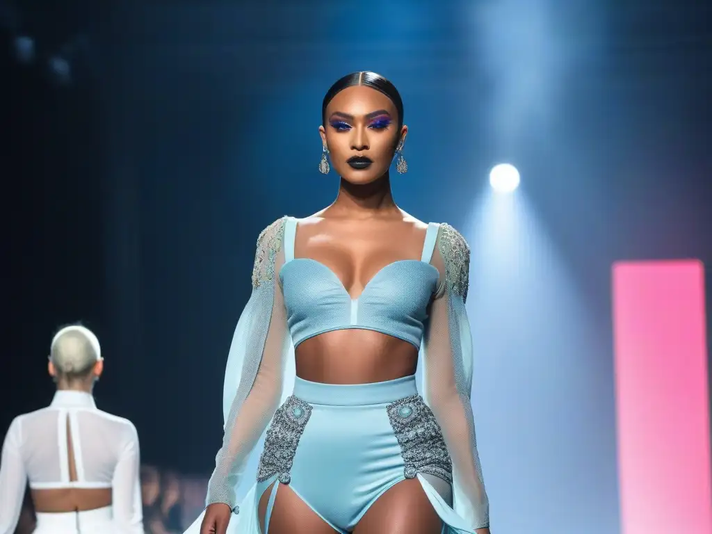 Desfile trans y no binario: moda futurista y tradicional Una vibrante pasarela de moda 2023 con personas trans no binarias luciendo atuendos futuristas y tradicionales con empoderamiento y estilo único