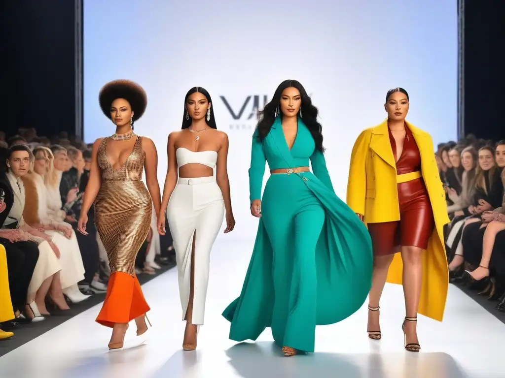 Desfile de moda inclusivo con modelos diversos y seguros Una vibrante pasarela con modelos diversos desfilando con estilo, representando la moda inclusiva y diversa