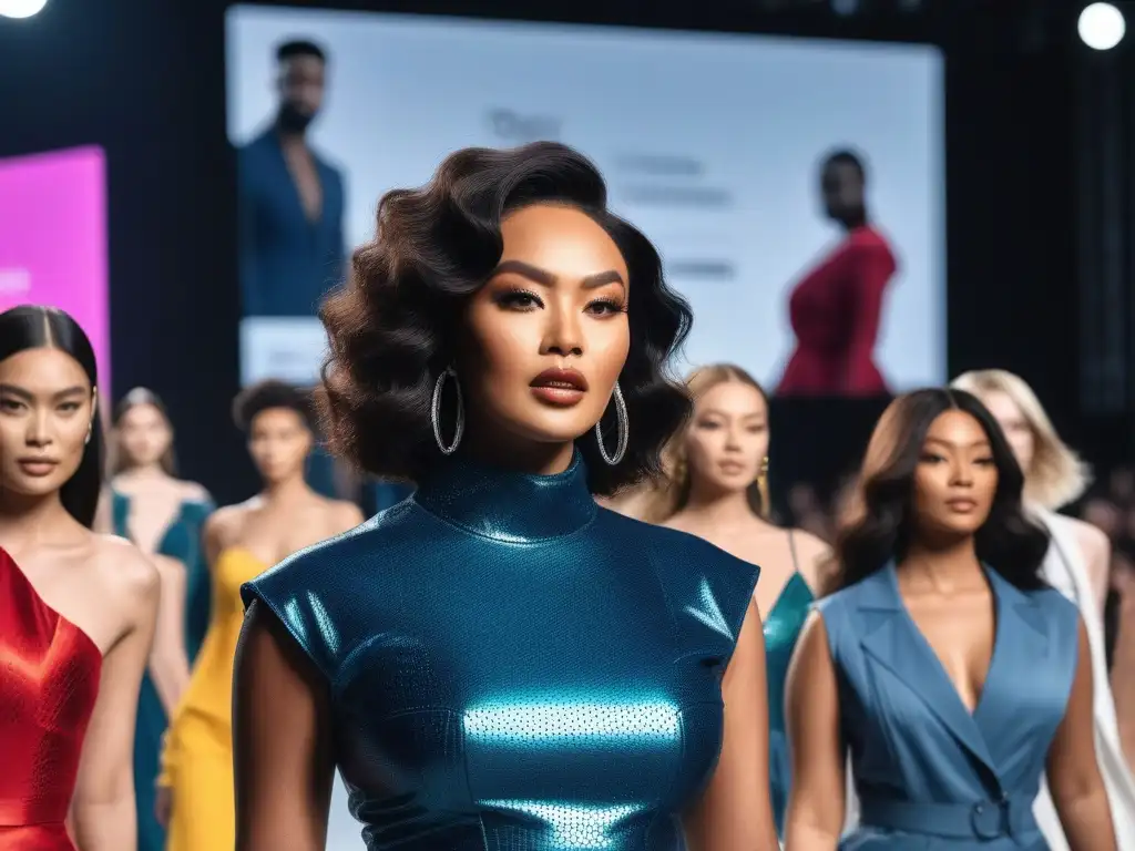 Desfile inclusivo: Celebrando la diversidad en la moda Una vibrante pasarela donde modelos diversos desfilan con estilo, rodeados de espectadores aplaudiendo