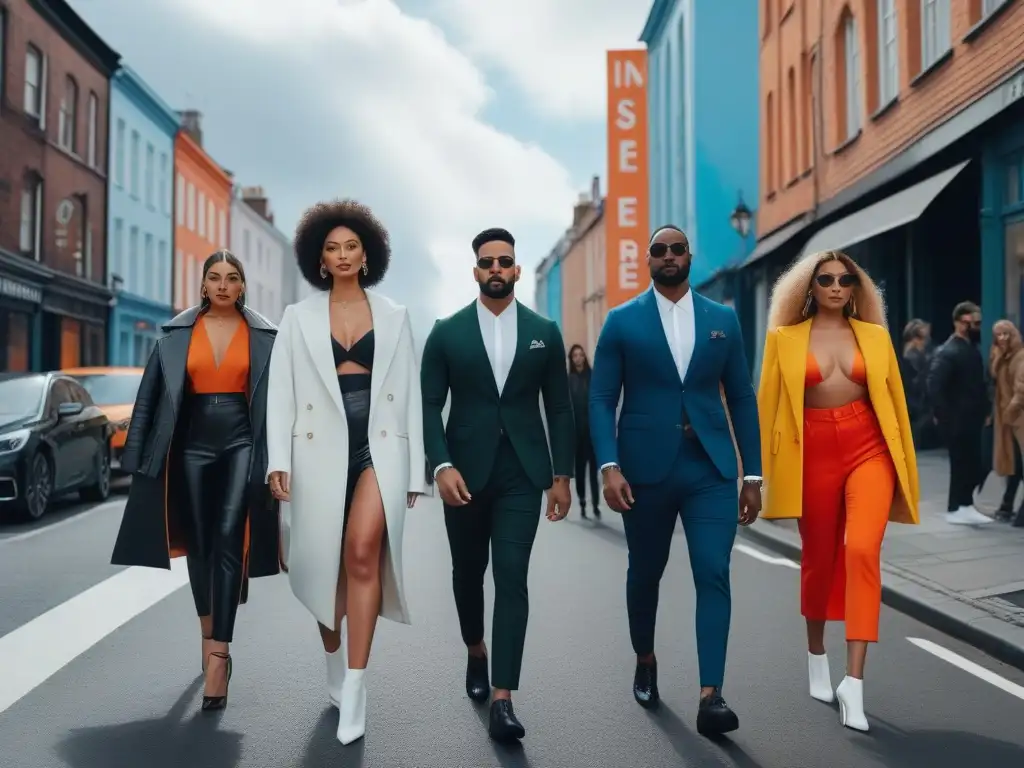 Influencers de la moda: diversidad y estilo urbano en alta resolución Un vibrante retrato de moda inclusiva con líderes influencers, derrochando estilo y personalidad en la bulliciosa ciudad