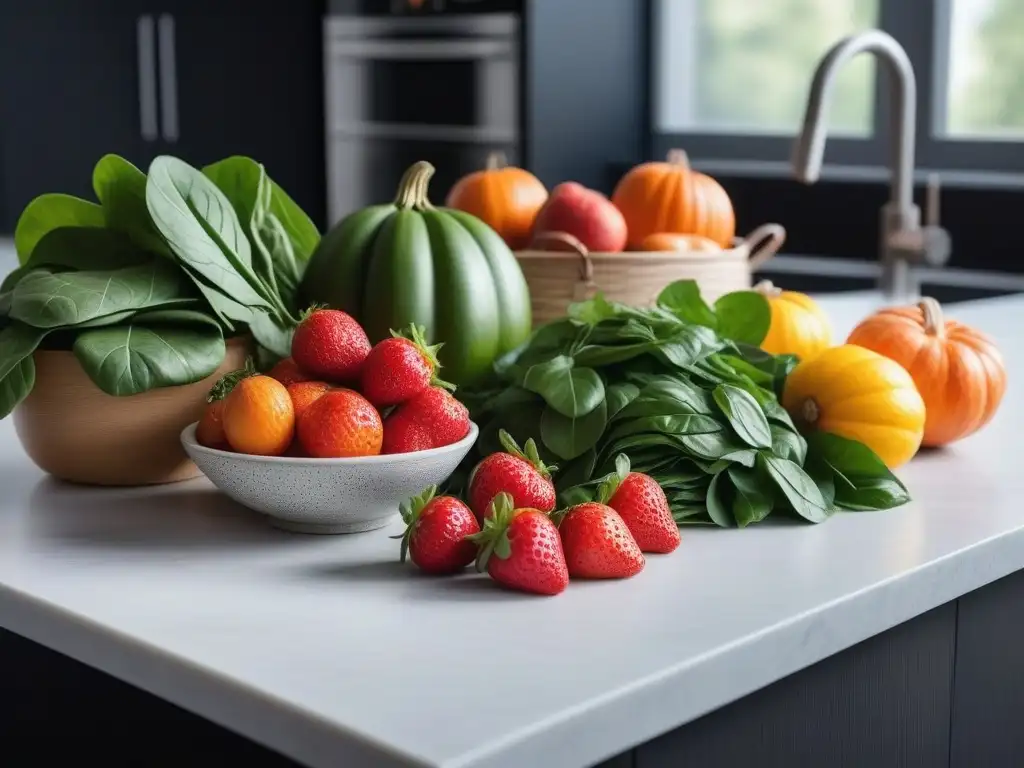 Vibrante selección de alimentos ricos en hierro y zinc para una dieta fitness Una vibrante selección de frutas y verduras en una cocina moderna, destacando la importancia de los micronutrientes en la dieta fitness