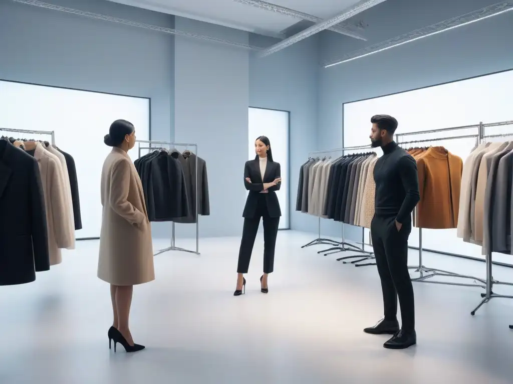 Sesión creativa de diseño de moda inclusiva en estudio moderno Una vibrante sesión de feedback cliente moda adaptativa en un estudio moderno lleno de diseños innovadores y diversidad creativa
