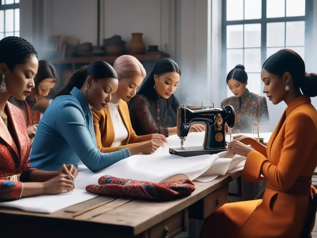 Taller de moda global: diversidad y creatividad Un vibrante taller de moda global con participantes colaborando creativamente
