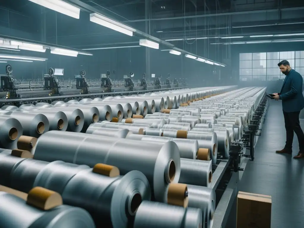 Innovación textil: fábrica moderna en acción Vibrante fábrica textil con maquinaria moderna, trabajadores inspeccionando rollos de tela y pantalla digital mostrando datos de cadena suministro