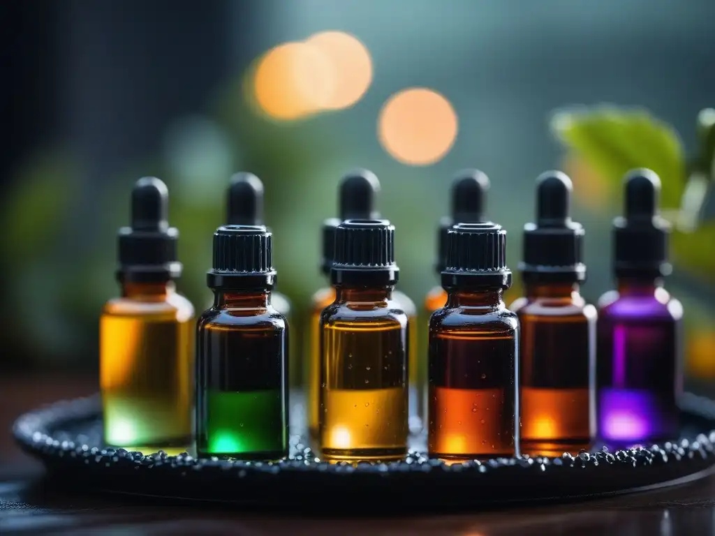 Esenciales: variedad de aceites en detalle Una vibrante variedad de aceites esenciales para tipo piel brillan en una elegante bandeja de cristal, destacando su diversidad y belleza natural