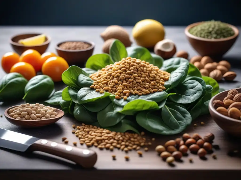 Nutrientes en alta resolución: ingredientes frescos y saludables Una vibrante variedad de alimentos frescos y nutrientes clave para una dieta fitness