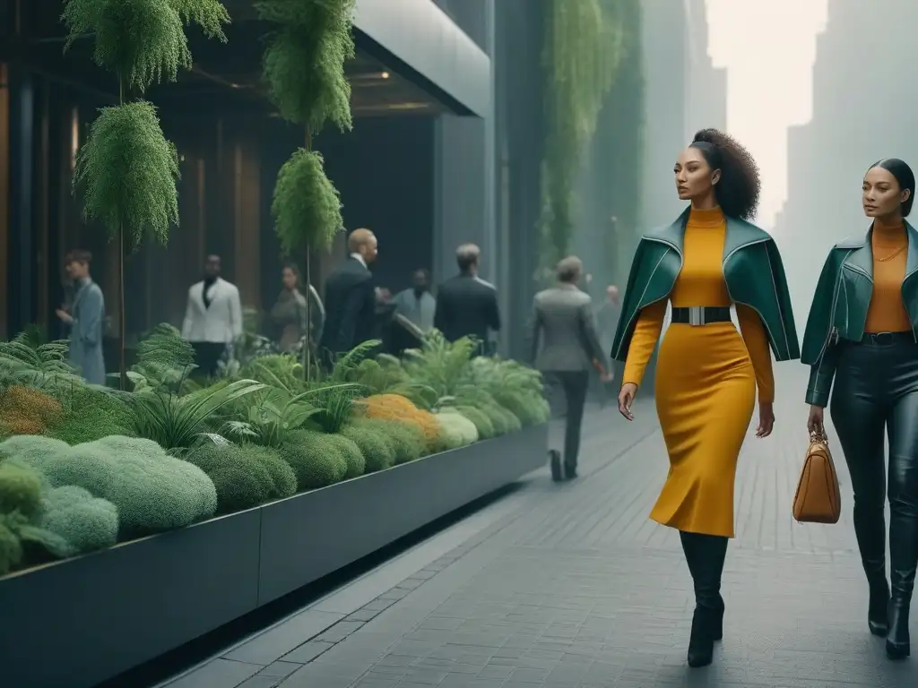 Moda sostenible y tecnología: grupo diverso en ciudad futurista Una visión futurista de moda sostenible para todos cuerpos en la ciudad