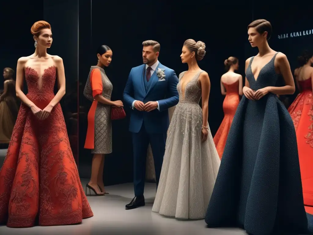 Exposición de moda: visitantes maravillados por haute couture Visitantes diversos maravillados en exposición de alta costura inclusiva en museo moderno