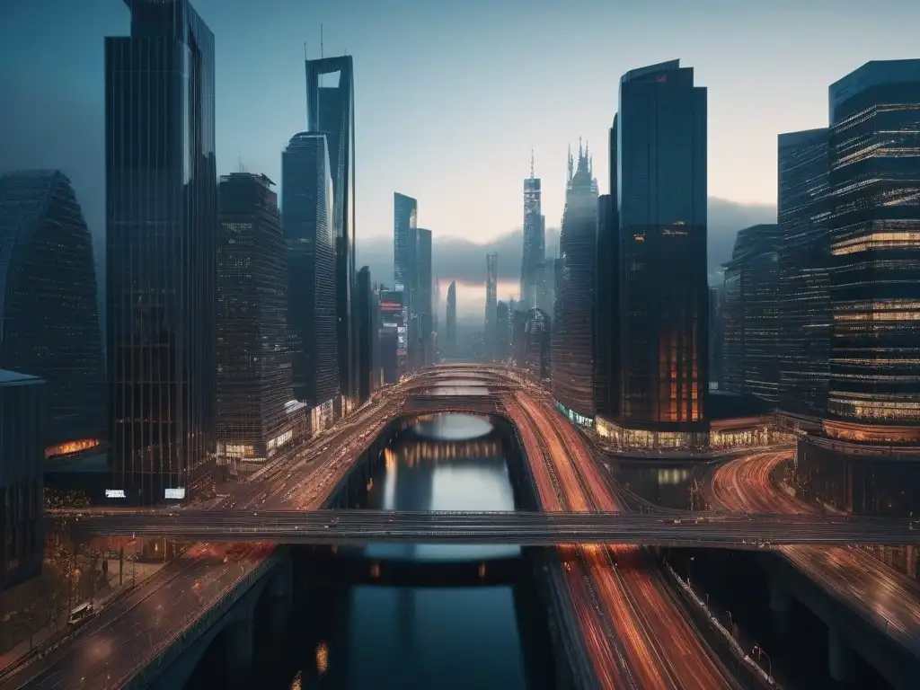 Vibrante ciudad nocturna: luces y arquitectura urbana Vista aérea impresionante de una bulliciosa ciudad de noche, con luces vibrantes iluminando el paisaje urbano