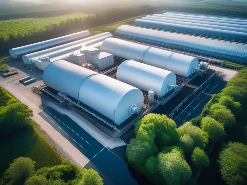 Instalación textil sostenible con sistemas de reciclaje de agua avanzados Vista aérea de una moderna fábrica textil con sistemas avanzados de reciclaje de agua, rodeada de vegetación exuberante